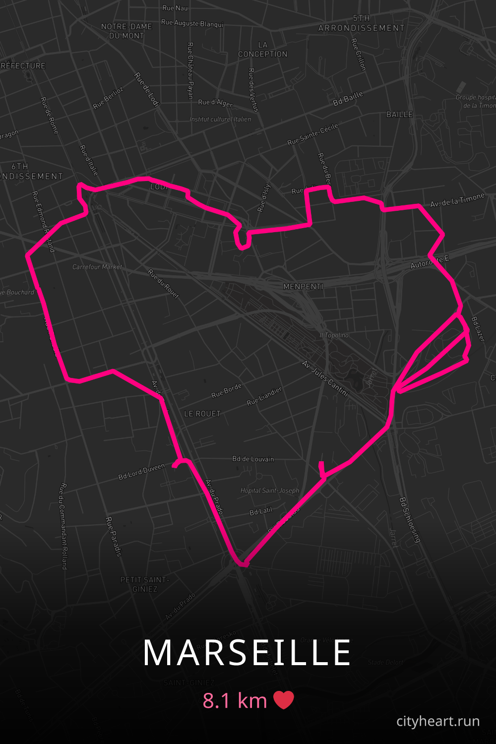 Heart-shaped running route in Marseille, 8.1 km — GPS art for Strava