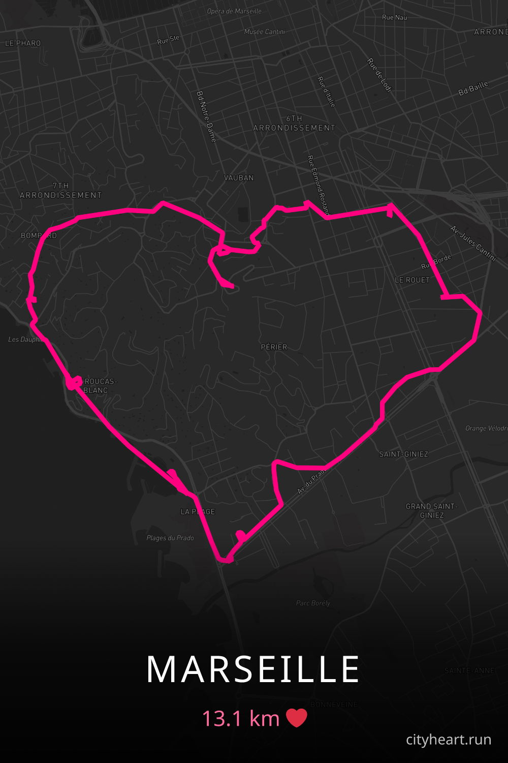 Heart-shaped running route in Marseille, 13.1 km — GPS art for Strava