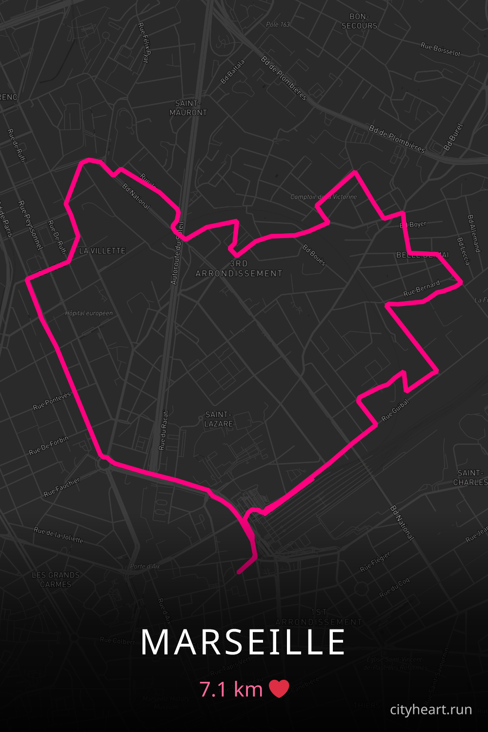 Heart-shaped running route in Marseille, 7.1 km — GPS art for Strava