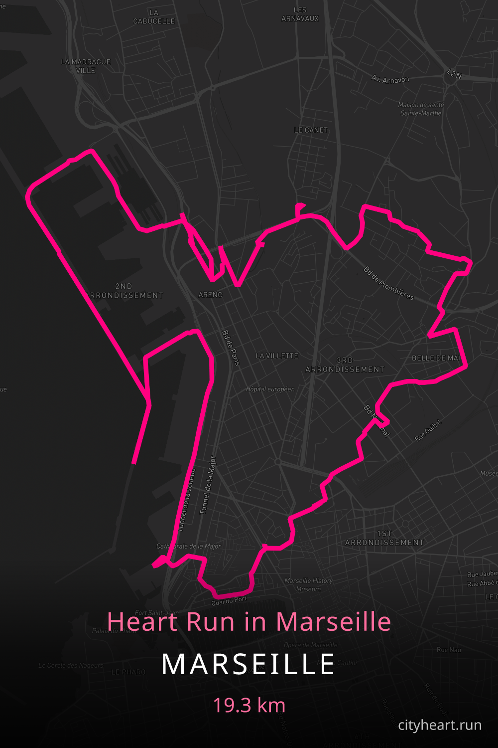Heart-shaped running route in Marseille, 21.0 km — GPS art for Strava