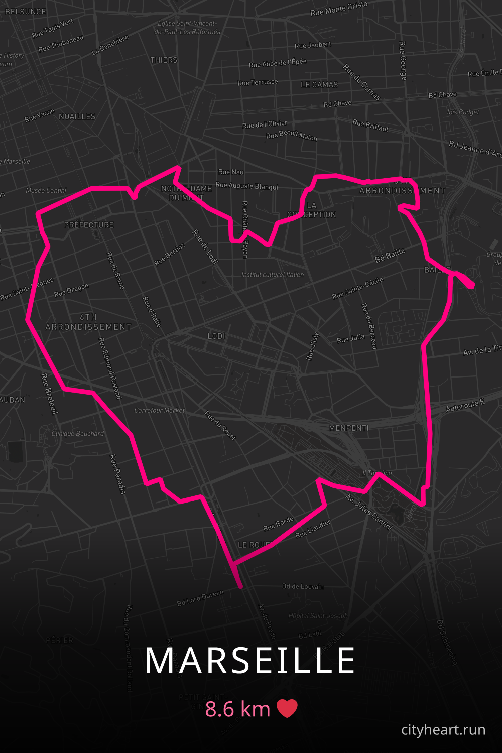 Heart-shaped running route in Marseille, 8.6 km — GPS art for Strava