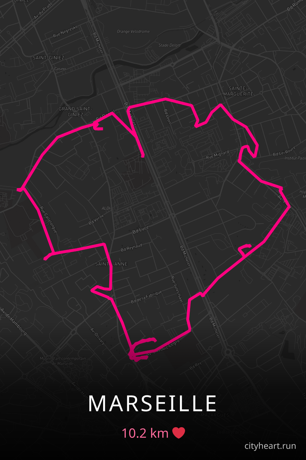 Heart-shaped running route in Marseille, 10.2 km — GPS art for Strava