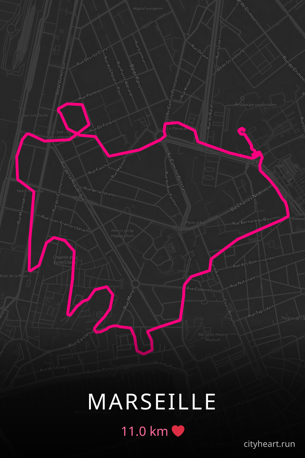 Heart-shaped running route in Marseille, 11.0 km — GPS art for Strava