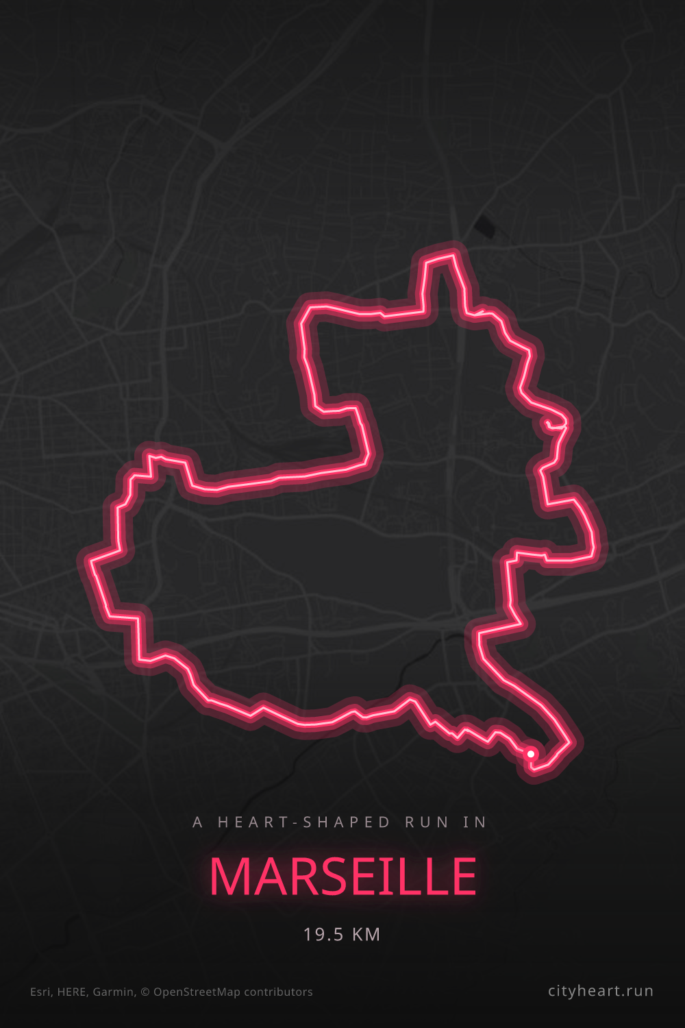Heart-shaped running route in Marseille, 19.5 km — GPS art for Strava