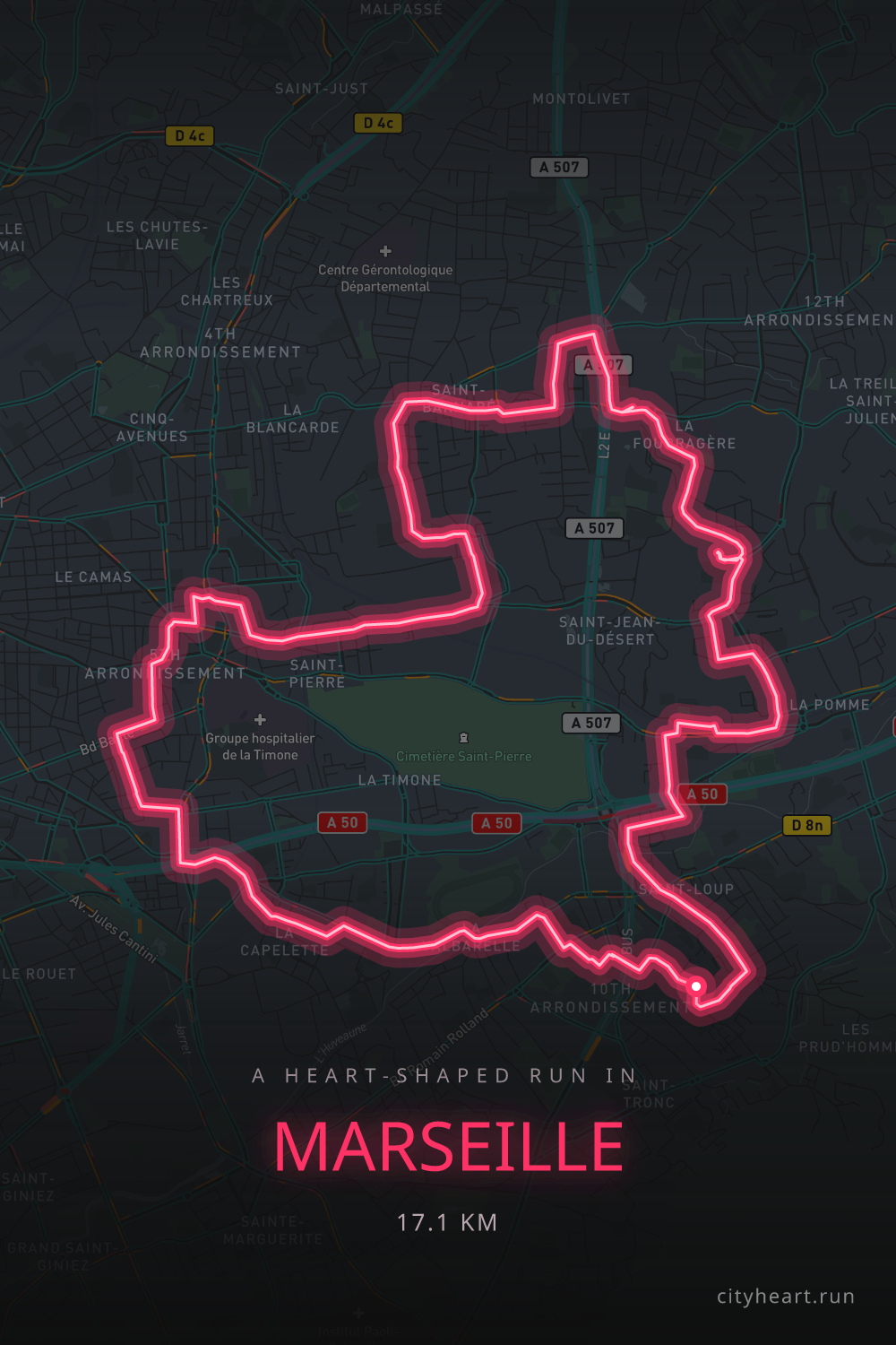 Heart-shaped running route in Marseille, 19.5 km — GPS art for Strava