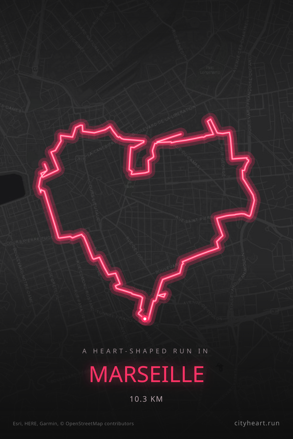 Heart-shaped running route in Marseille, 10.3 km — GPS art for Strava