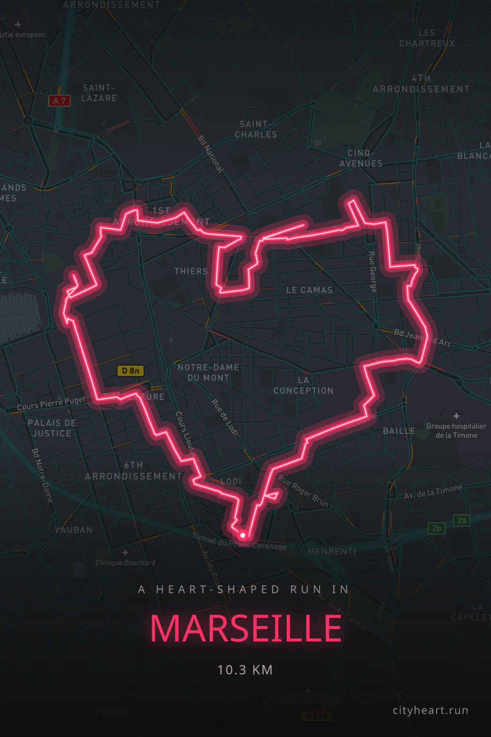 Heart-shaped running route in Marseille, 10.3 km — GPS art for Strava