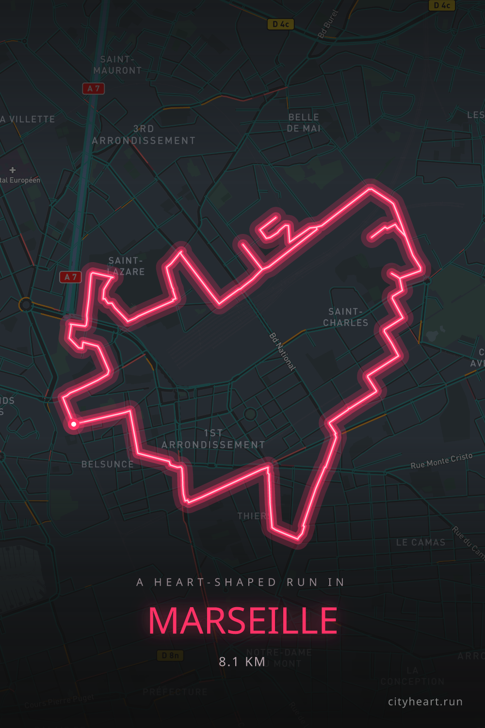 Heart-shaped running route in Marseille, 8.4 km — GPS art for Strava