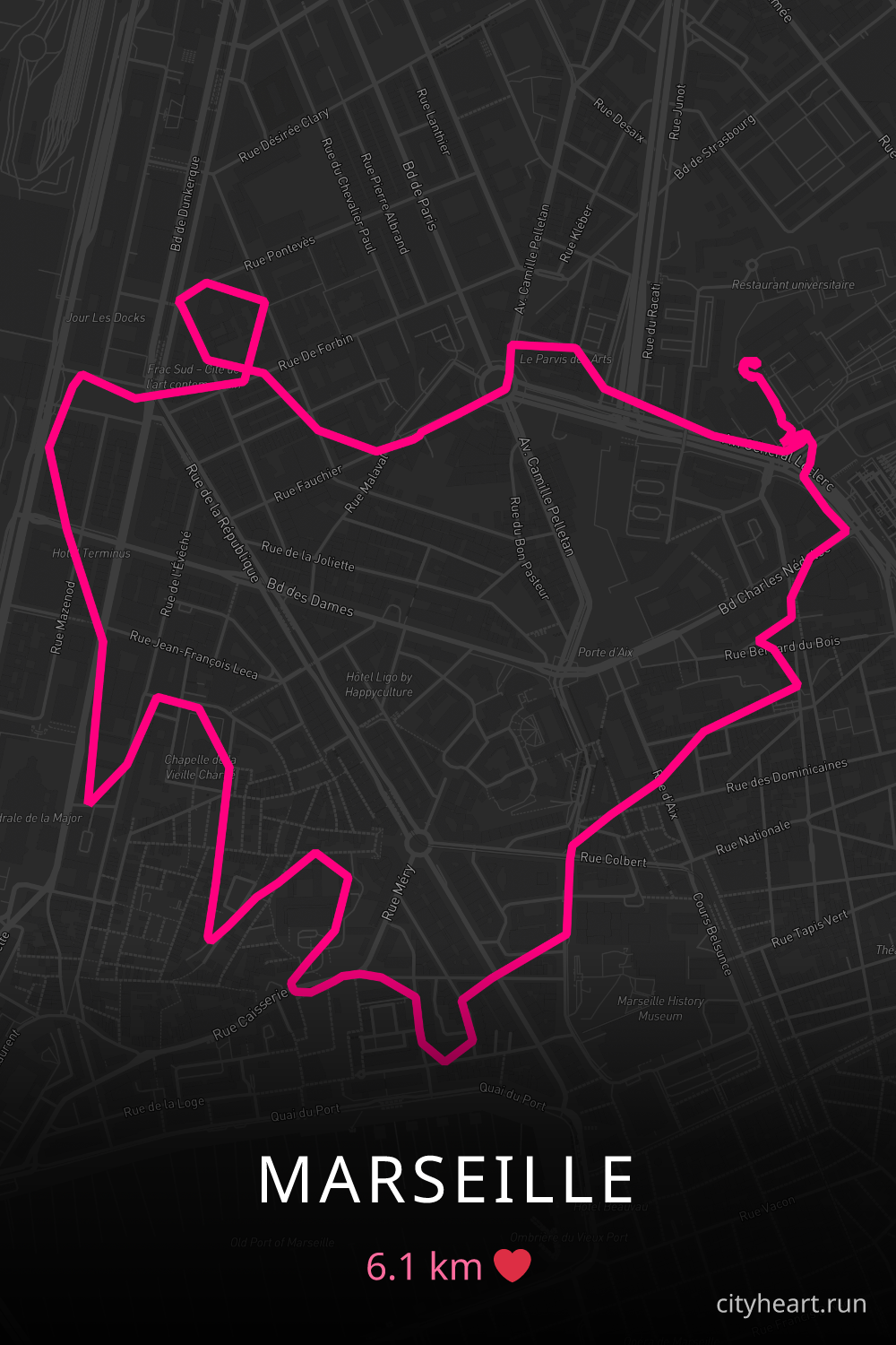 Heart-shaped running route in Marseille, 6.1 km — GPS art for Strava