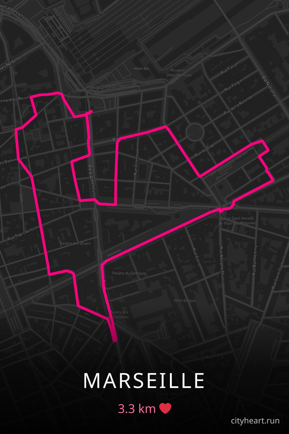 Heart-shaped running route in Marseille, 3.3 km — GPS art for Strava