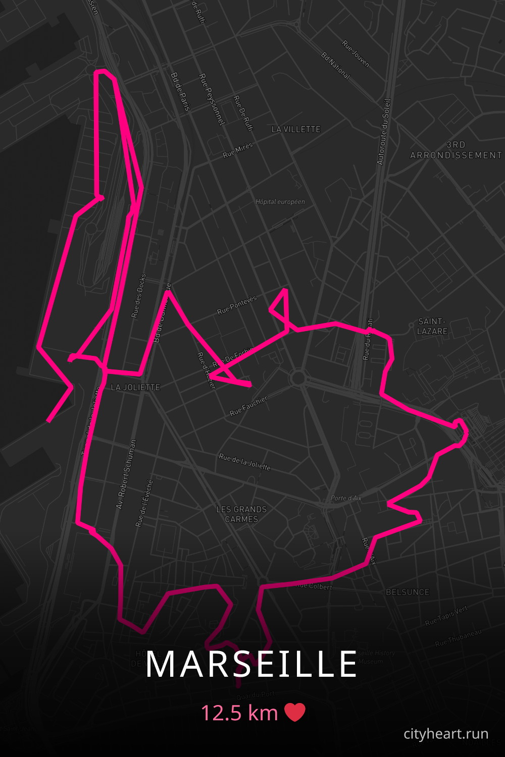 Heart-shaped running route in Marseille, 12.5 km — GPS art for Strava