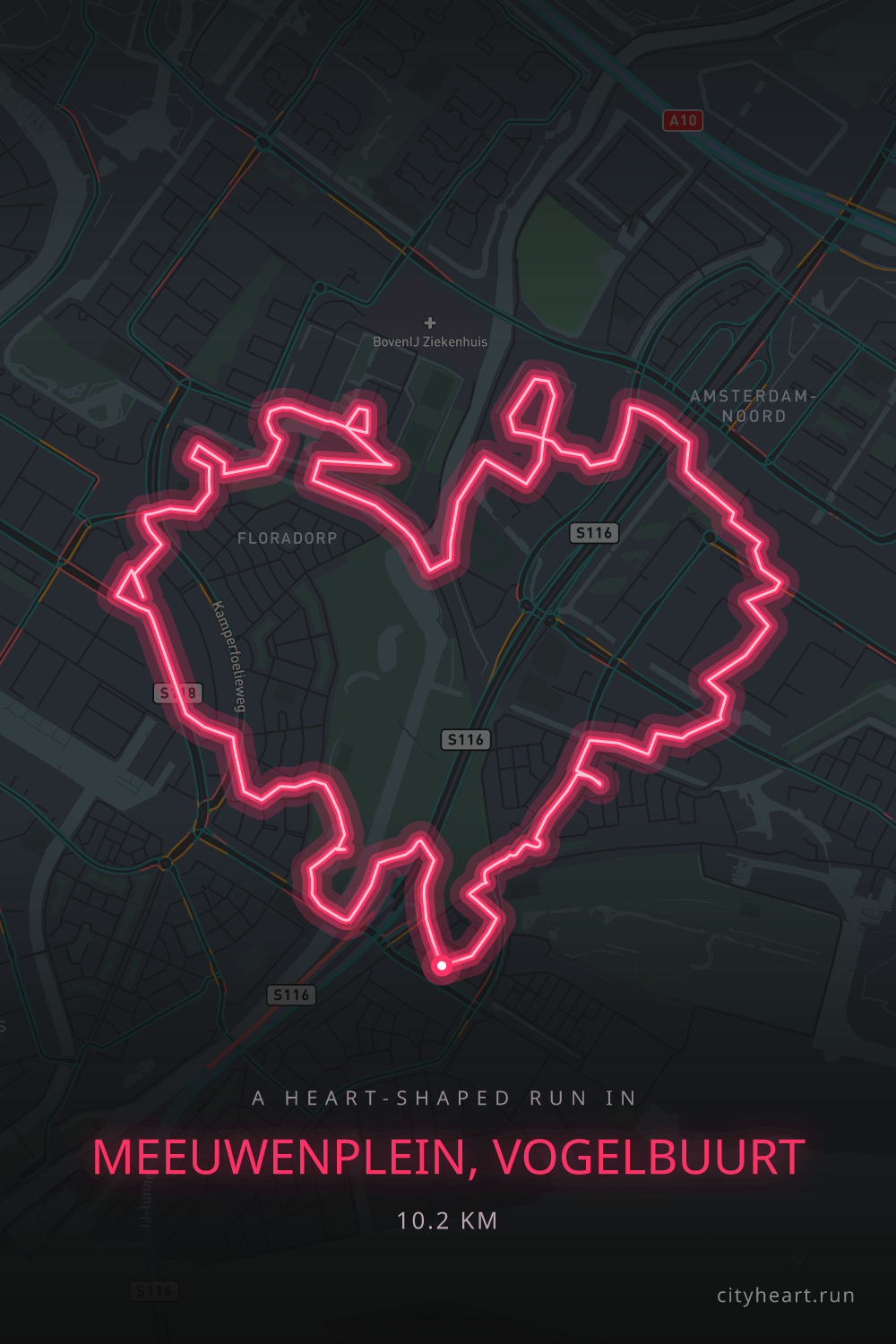 Heart-shaped running route in Meeuwenplein, Vogelbuurt, 10.2 km — GPS art for Strava