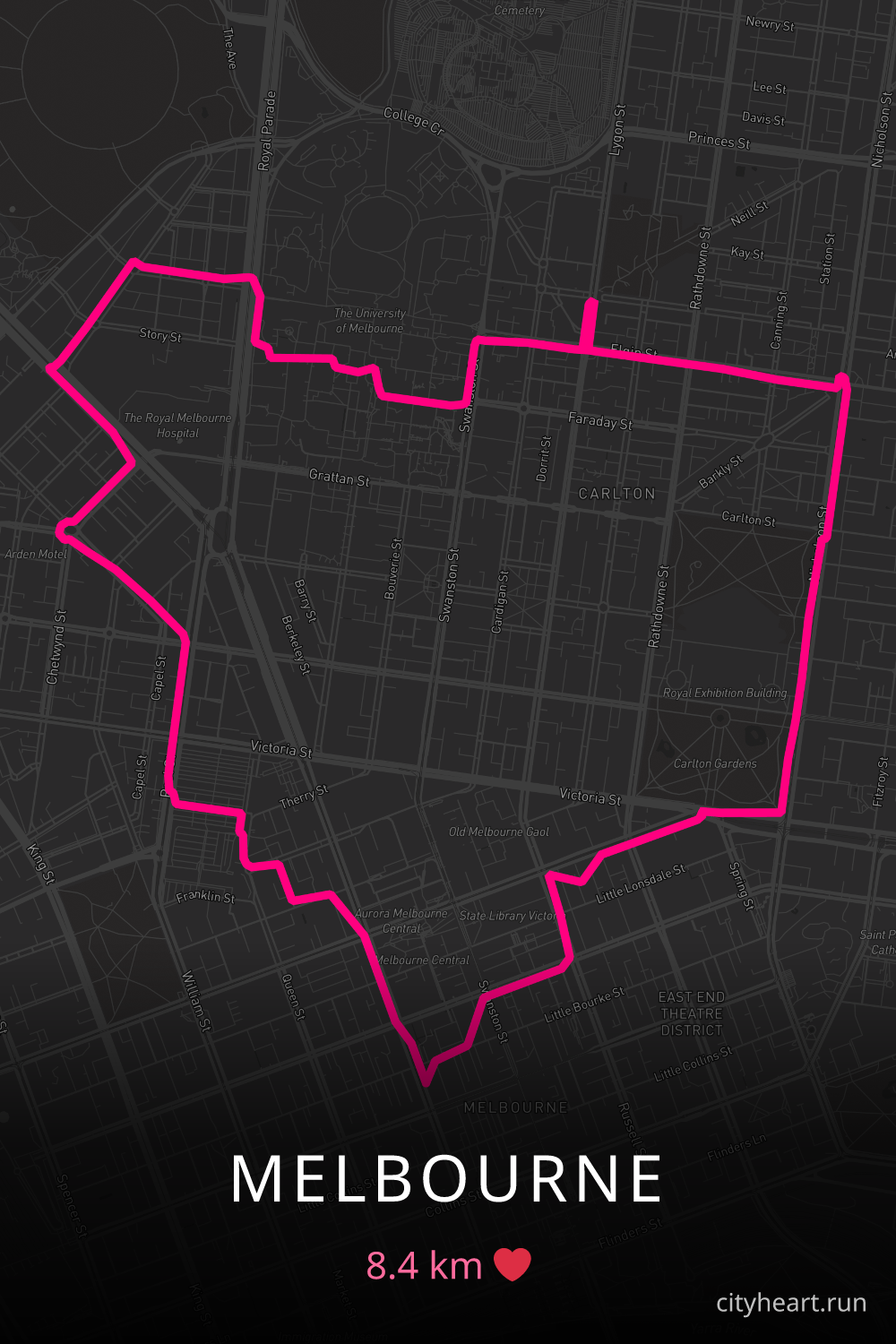 Heart-shaped running route in Melbourne, 8.4 km — GPS art for Strava