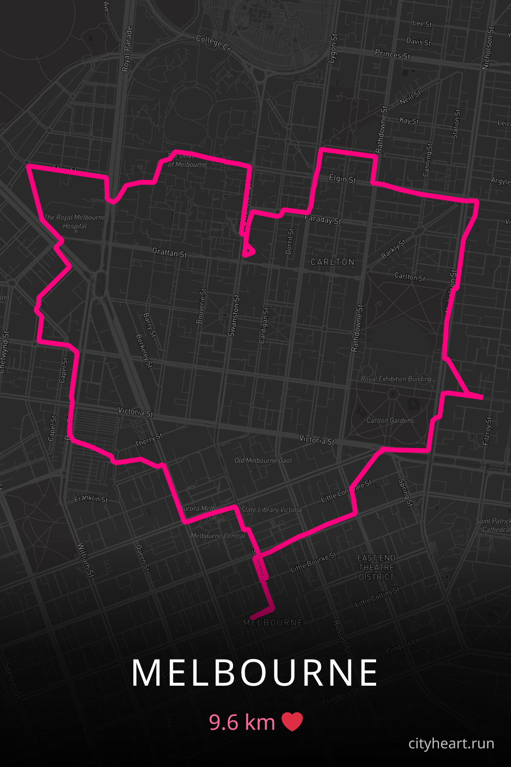 Heart-shaped running route in Melbourne, 9.6 km — GPS art for Strava