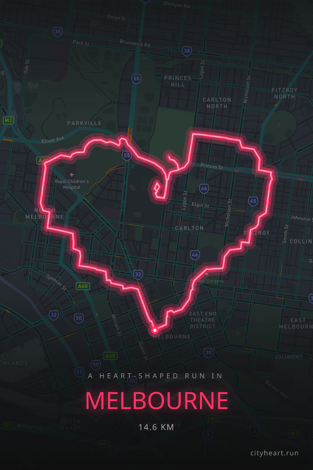 Heart-shaped running route in Melbourne, 15.9 km — GPS art for Strava