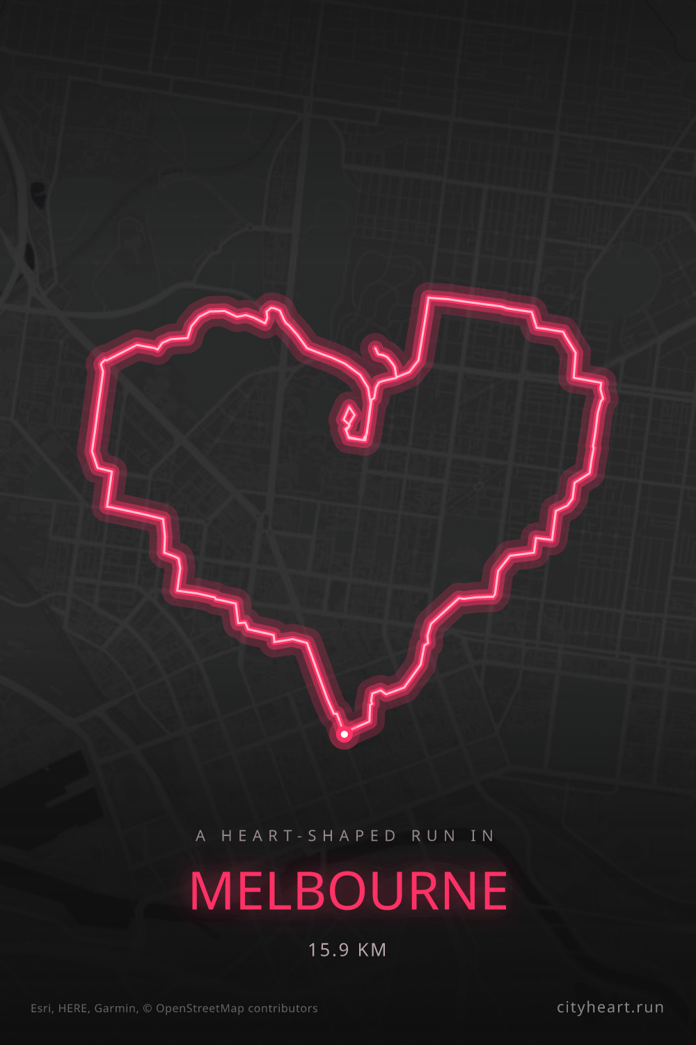 Heart-shaped running route in Melbourne, 15.9 km — GPS art for Strava