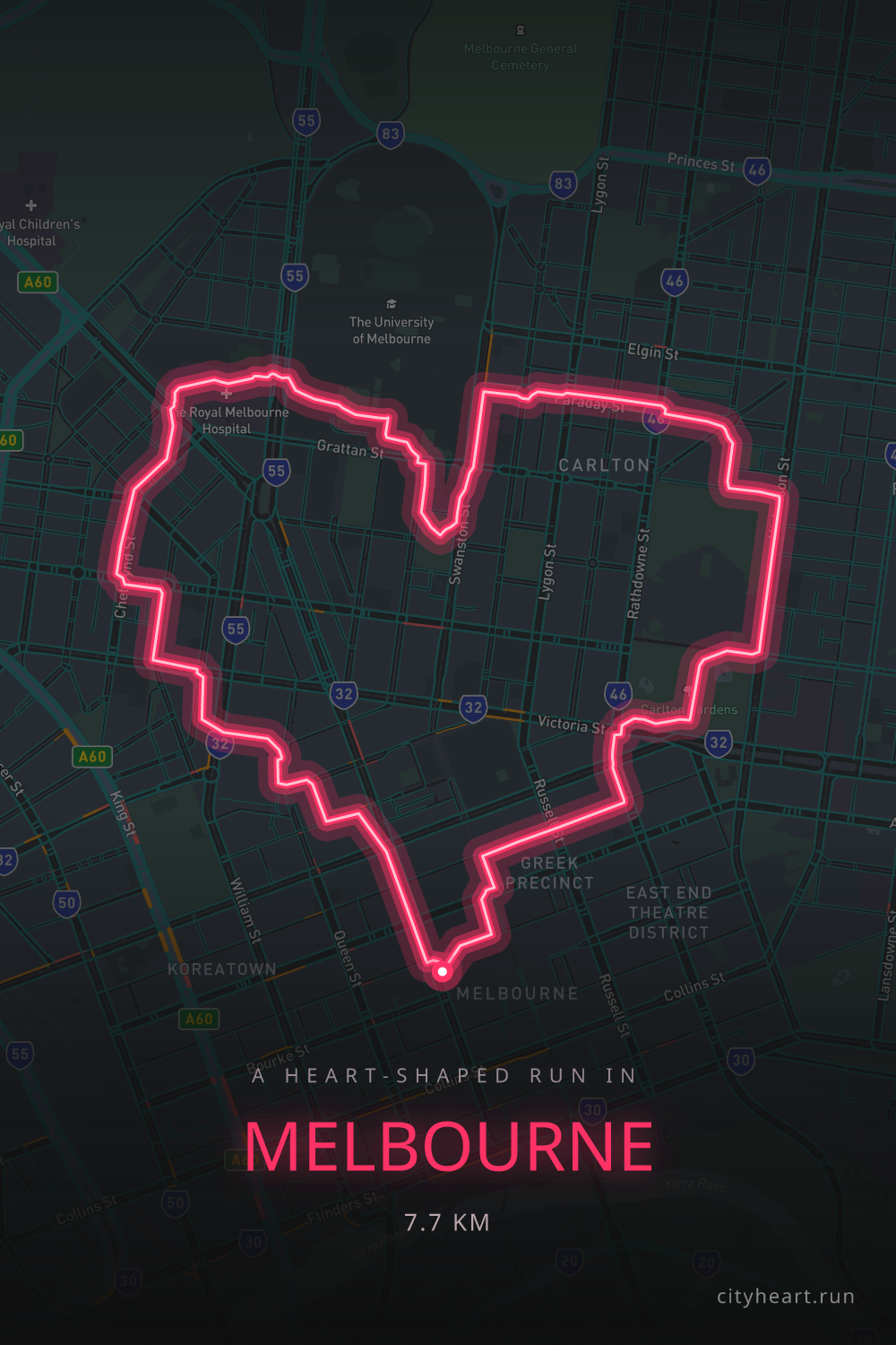 Heart-shaped running route in Melbourne, 7.7 km — GPS art for Strava