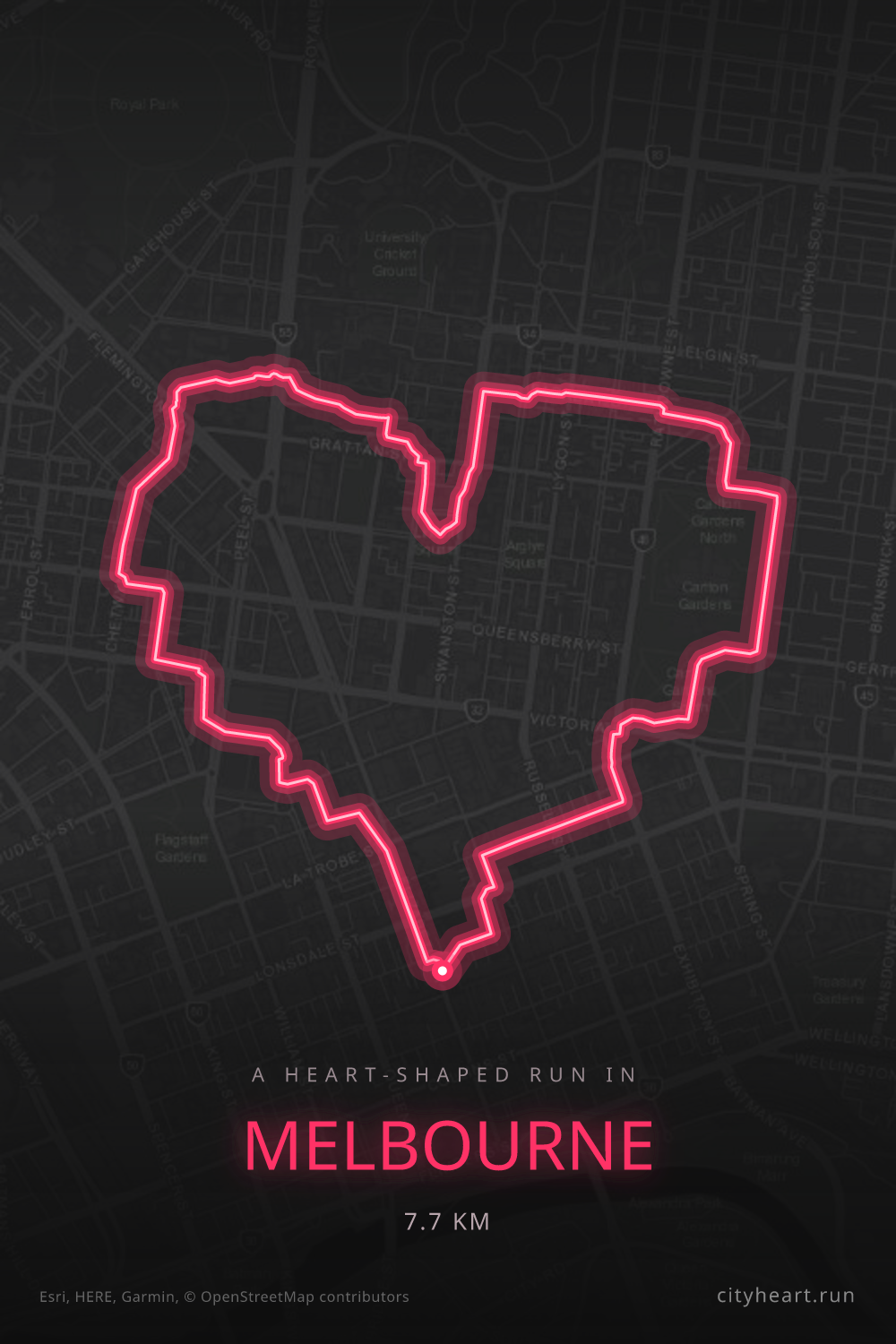 Heart-shaped running route in Melbourne, 7.7 km — GPS art for Strava