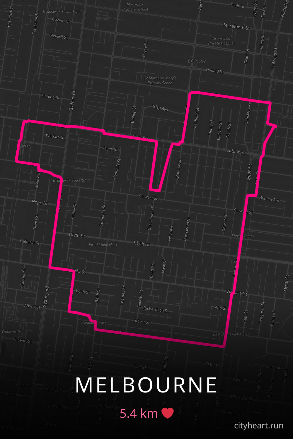 Heart-shaped running route in Melbourne, 5.4 km — GPS art for Strava