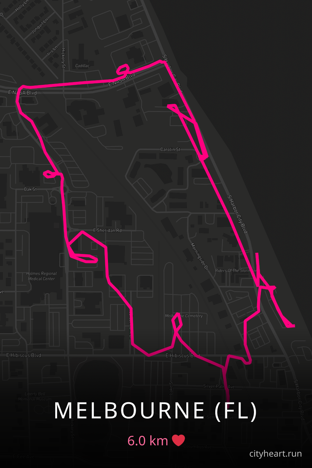 Heart-shaped running route in Melbourne (FL), 6.0 km — GPS art for Strava