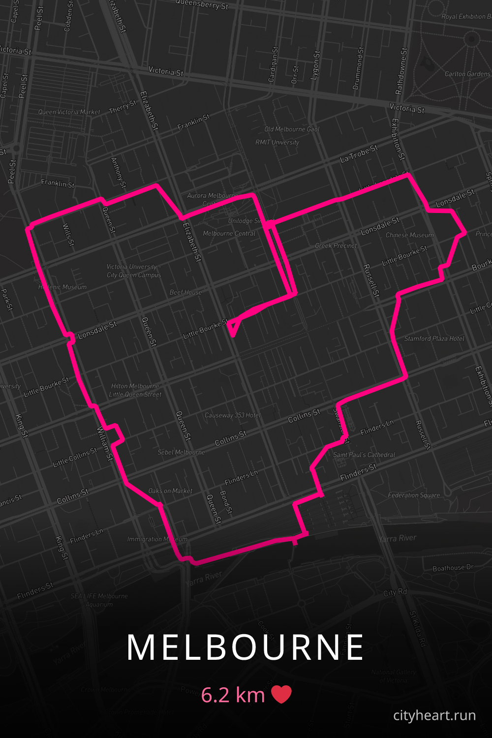 Heart-shaped running route in Melbourne, 6.2 km — GPS art for Strava