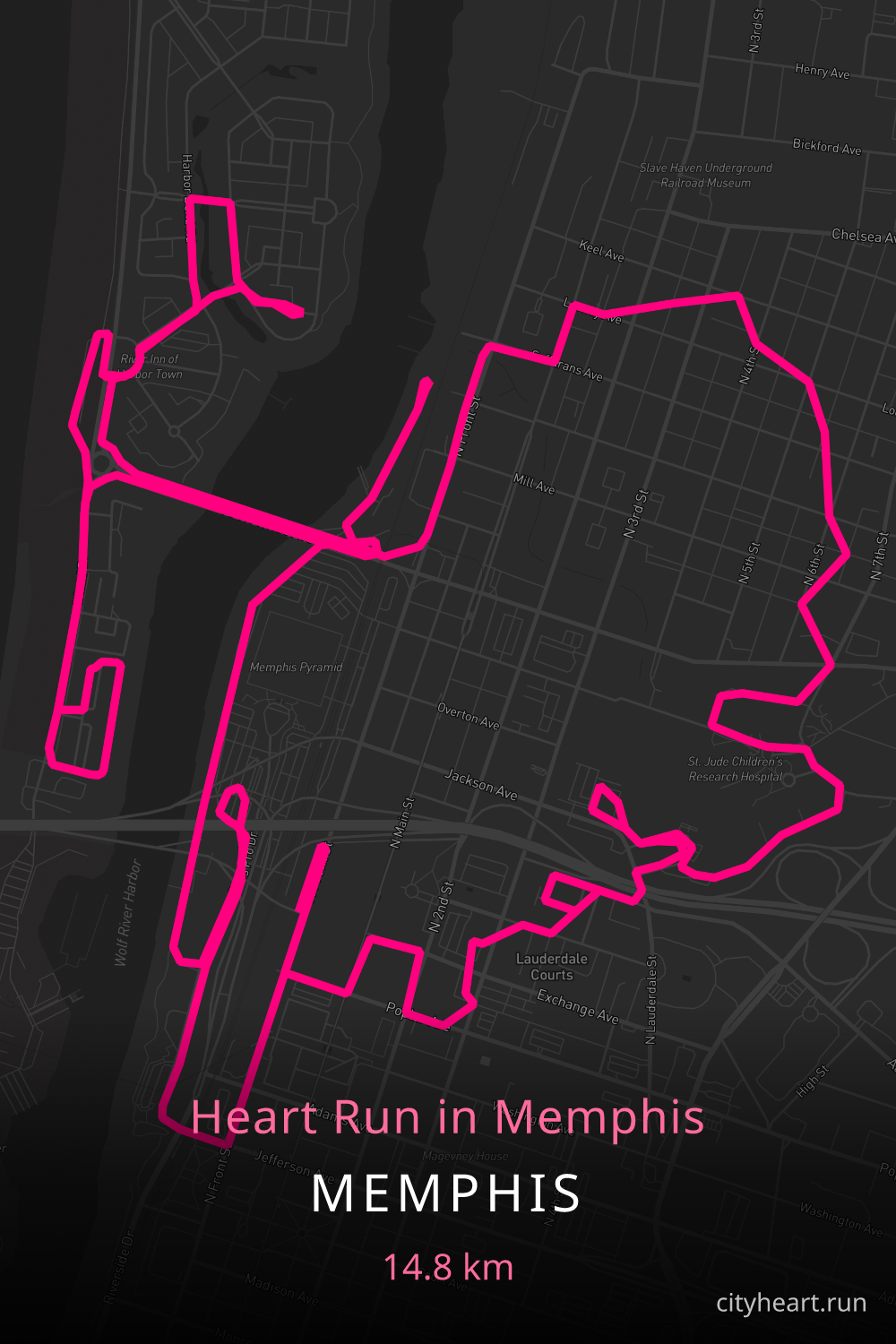 Heart-shaped running route in Memphis, 14.8 km — GPS art for Strava