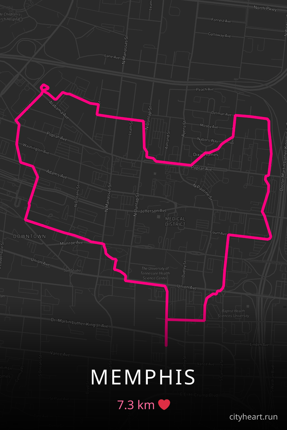 Heart-shaped running route in Memphis, 7.3 km — GPS art for Strava