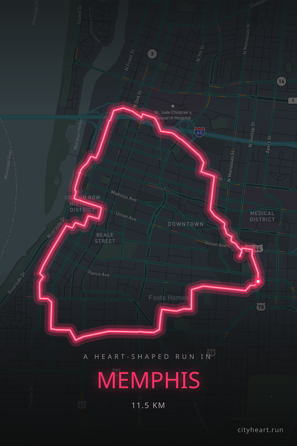 Heart-shaped running route in Memphis, 11.5 km — GPS art for Strava