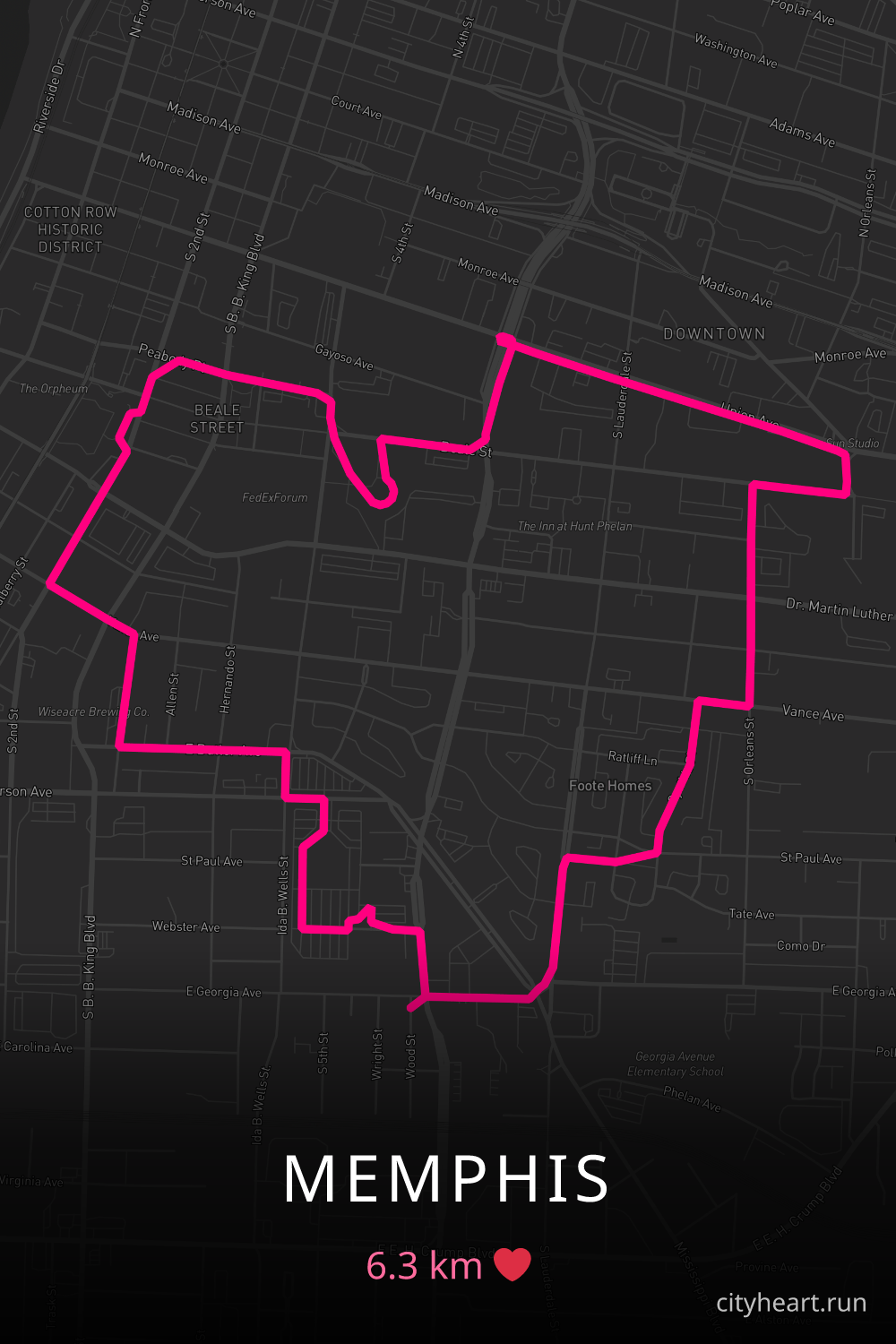 Heart-shaped running route in Memphis, 6.3 km — GPS art for Strava