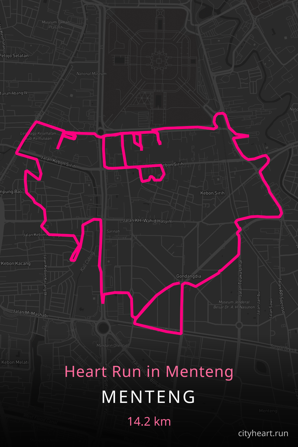 Heart-shaped running route in Menteng, 14.2 km — GPS art for Strava
