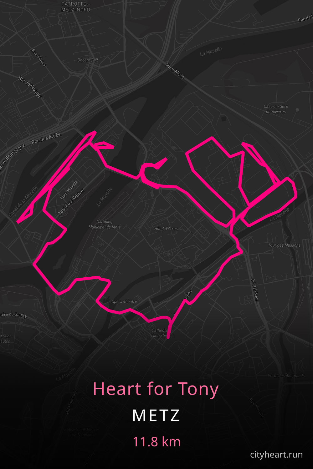 Heart-shaped running route in Metz, 11.8 km — GPS art for Strava