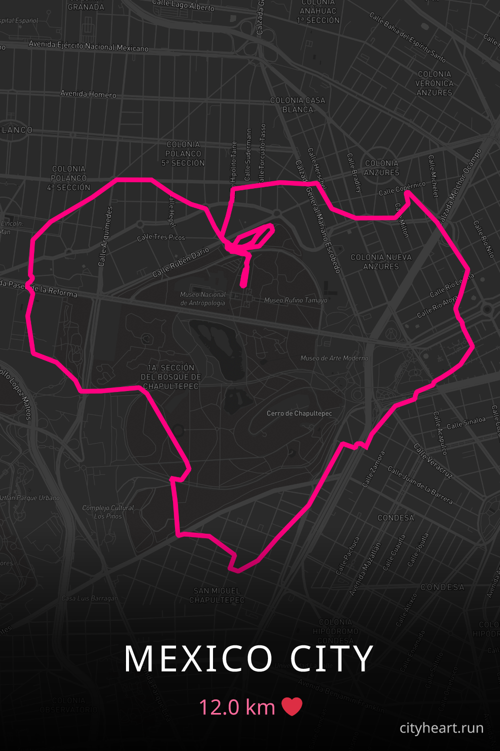 Heart-shaped running route in Mexico City, 12.0 km — GPS art for Strava