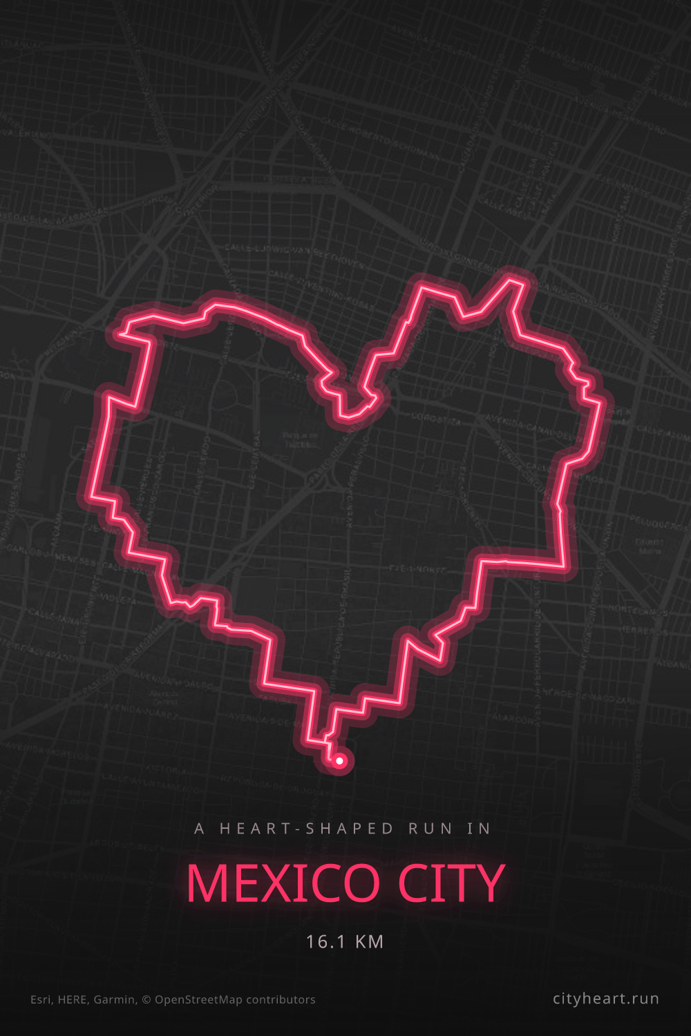 Heart-shaped running route in Mexico City, 16.1 km — GPS art for Strava