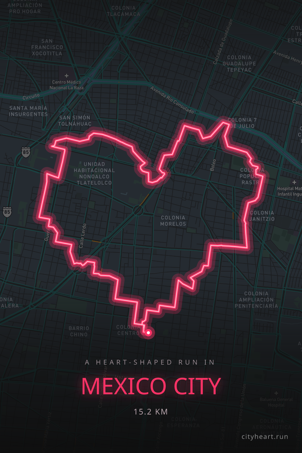 Heart-shaped running route in Mexico City, 16.1 km — GPS art for Strava