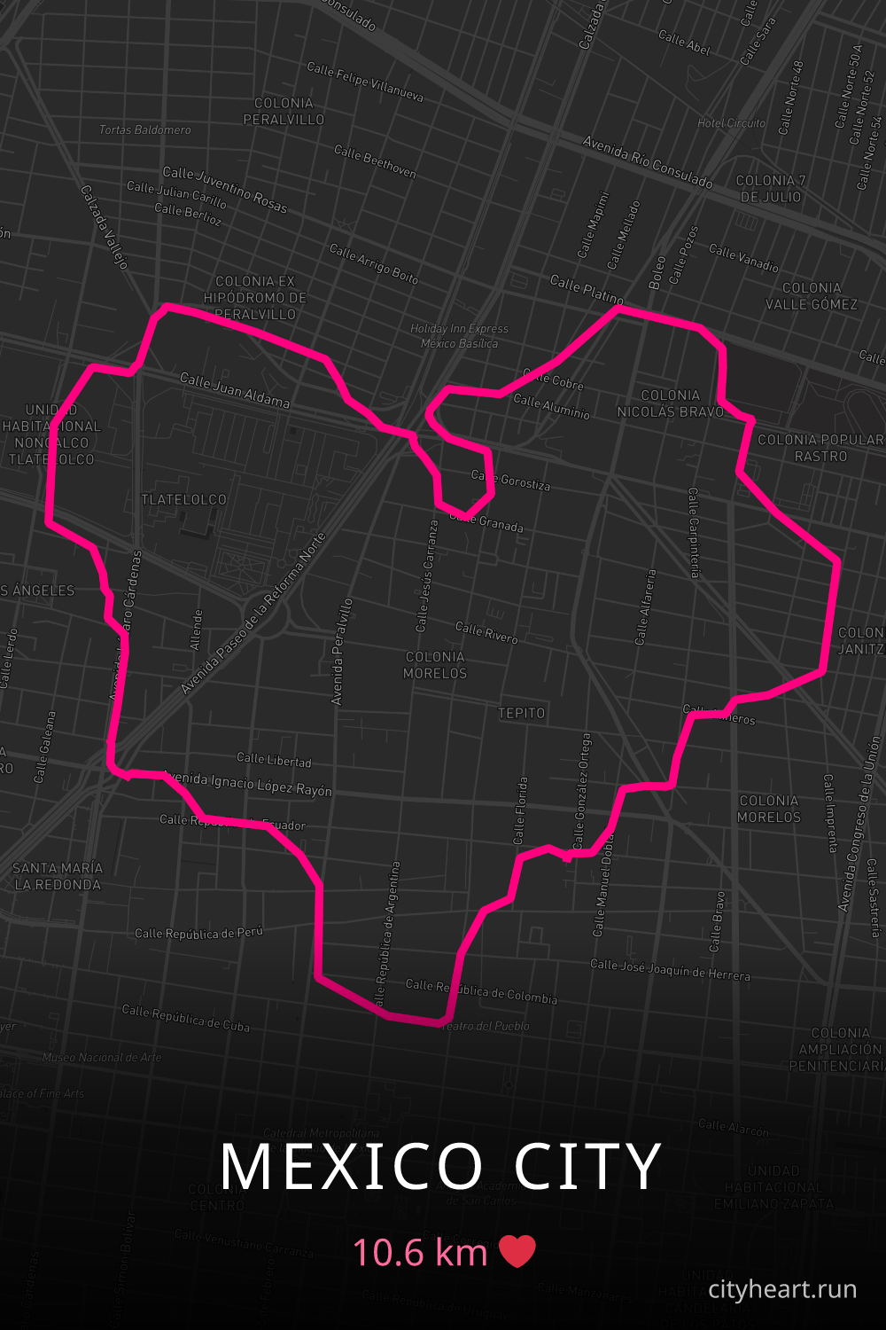 Heart-shaped running route in Mexico City, 10.6 km — GPS art for Strava
