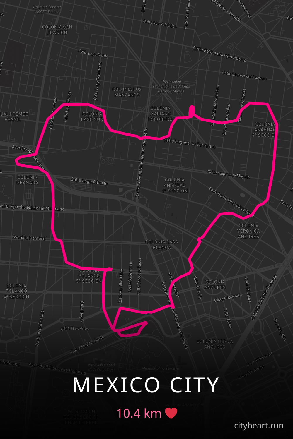 Heart-shaped running route in Mexico City, 10.4 km — GPS art for Strava