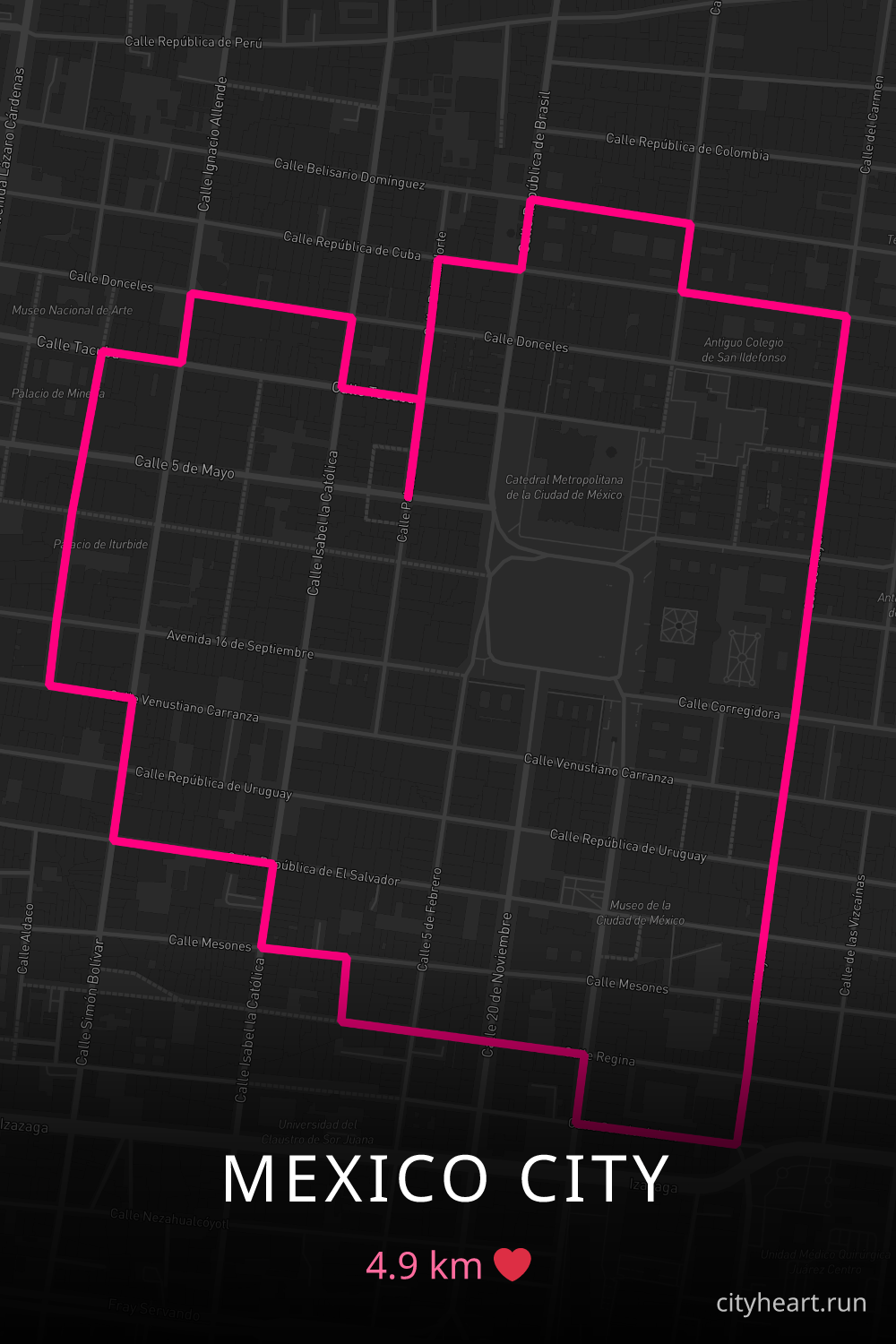 Heart-shaped running route in Mexico City, 4.9 km — GPS art for Strava