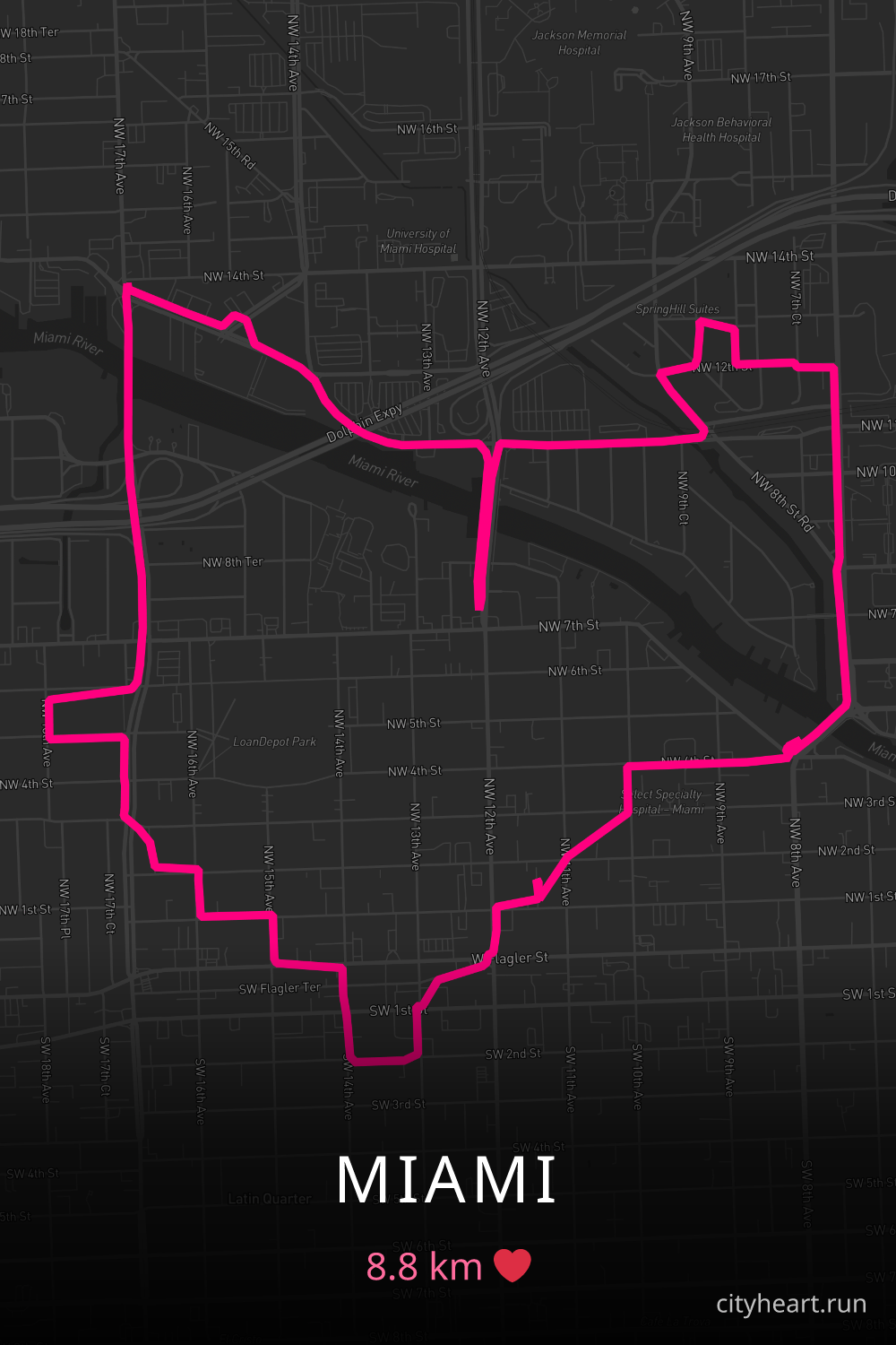 Heart-shaped running route in Miami, 8.8 km — GPS art for Strava