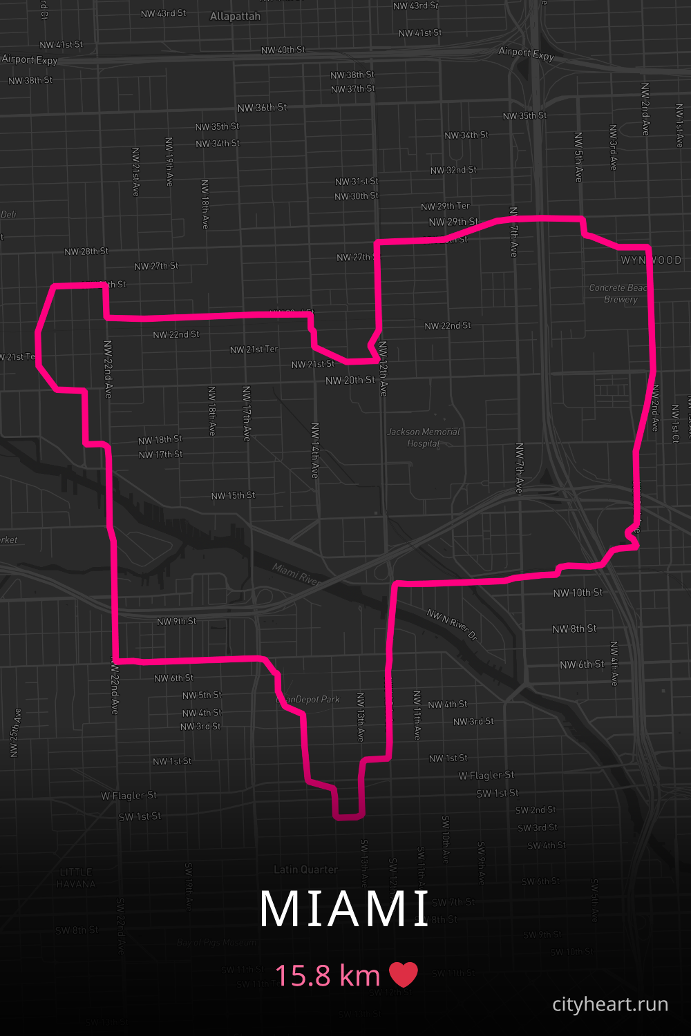Heart-shaped running route in Miami, 15.8 km — GPS art for Strava