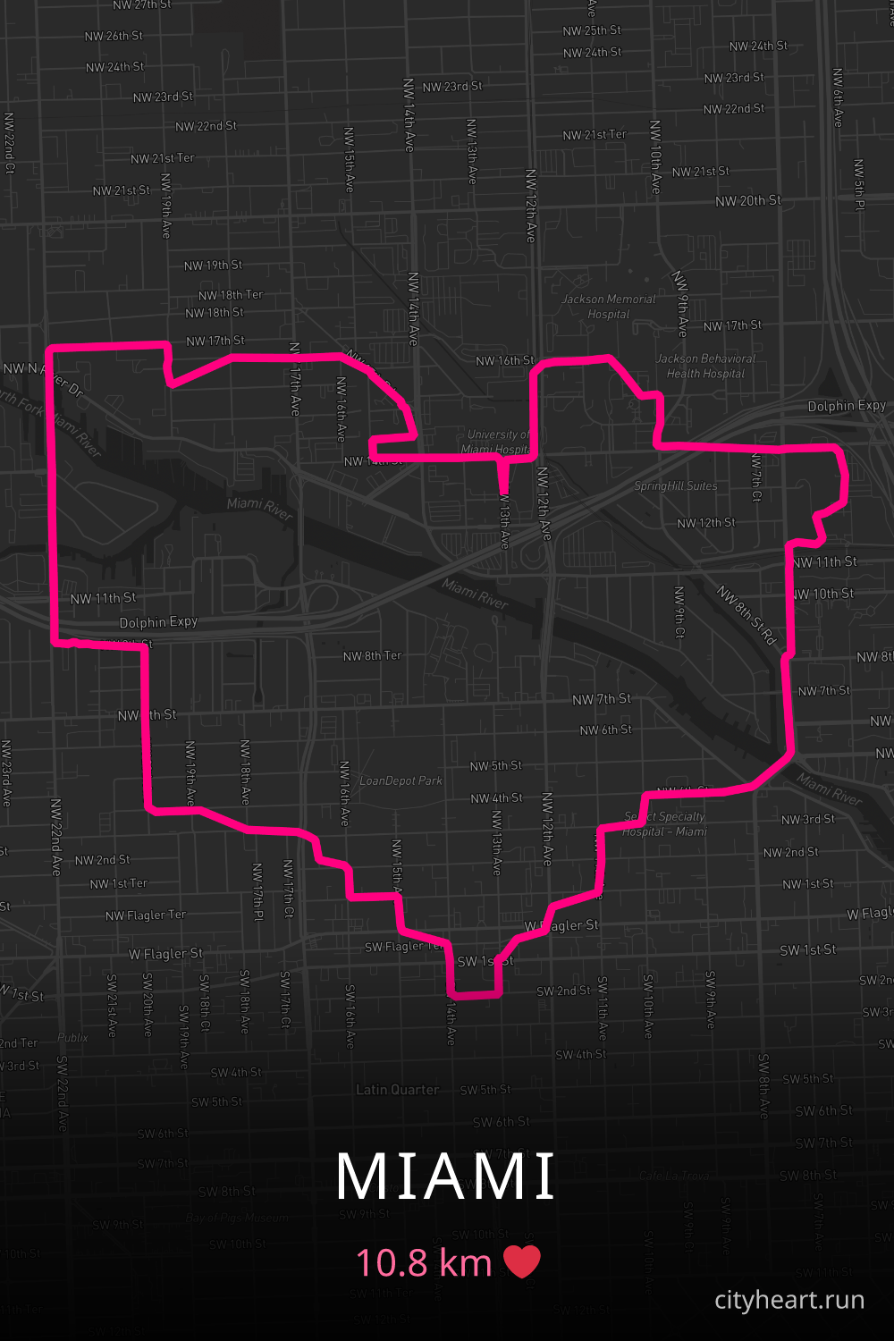 Heart-shaped running route in Miami, 10.8 km — GPS art for Strava