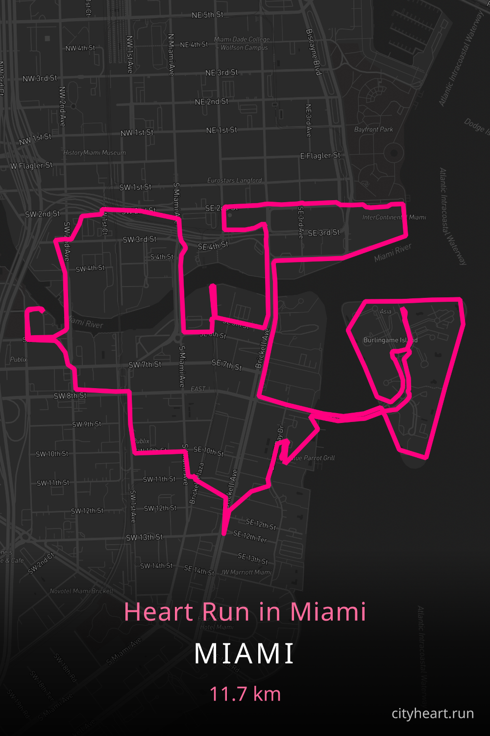 Heart-shaped running route in Miami, 12.8 km — GPS art for Strava