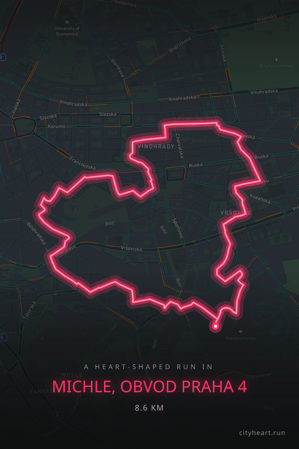 Heart-shaped running route in Michle, obvod Praha 4, 8.6 km — GPS art for Strava