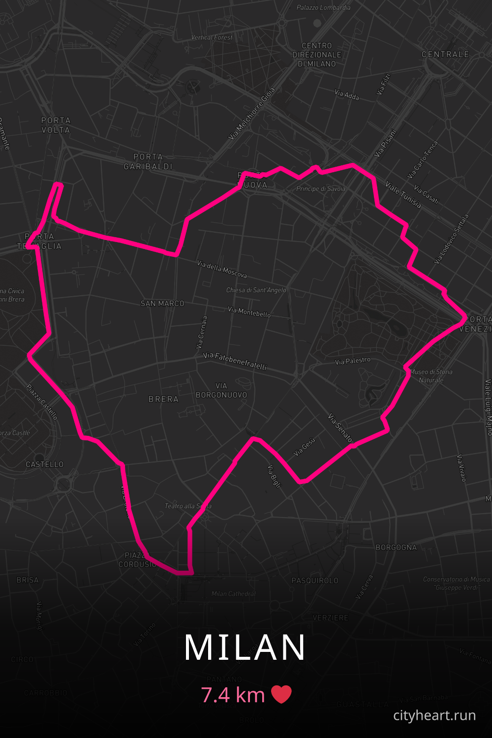 Heart-shaped running route in Milan, 7.4 km — GPS art for Strava