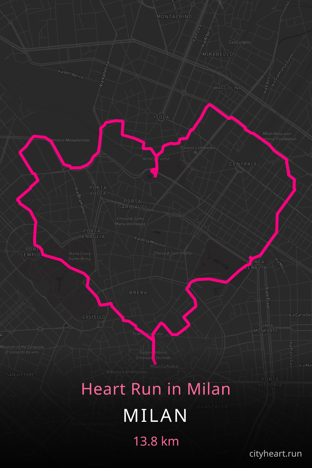 Heart-shaped running route in Milan, 15.2 km — GPS art for Strava