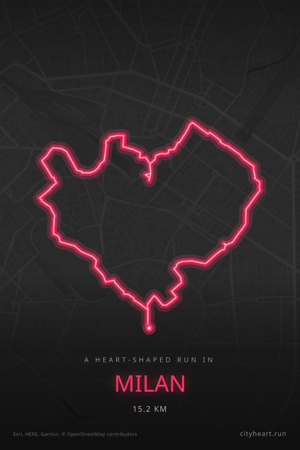 Heart-shaped running route in Milan, 15.2 km — GPS art for Strava