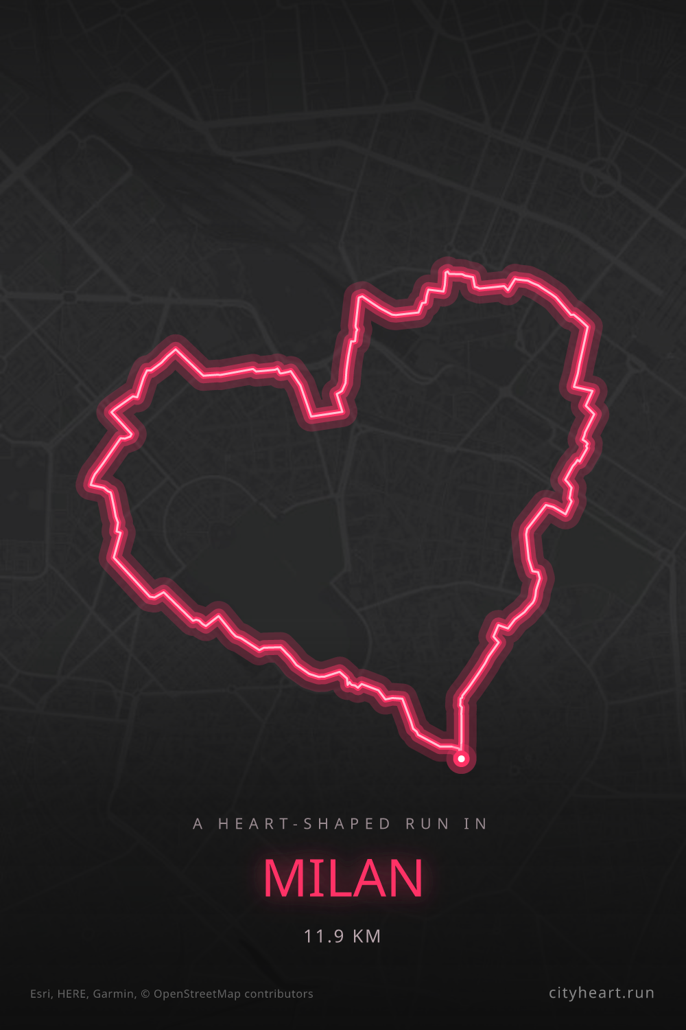 Heart-shaped running route in Milan, 11.9 km — GPS art for Strava