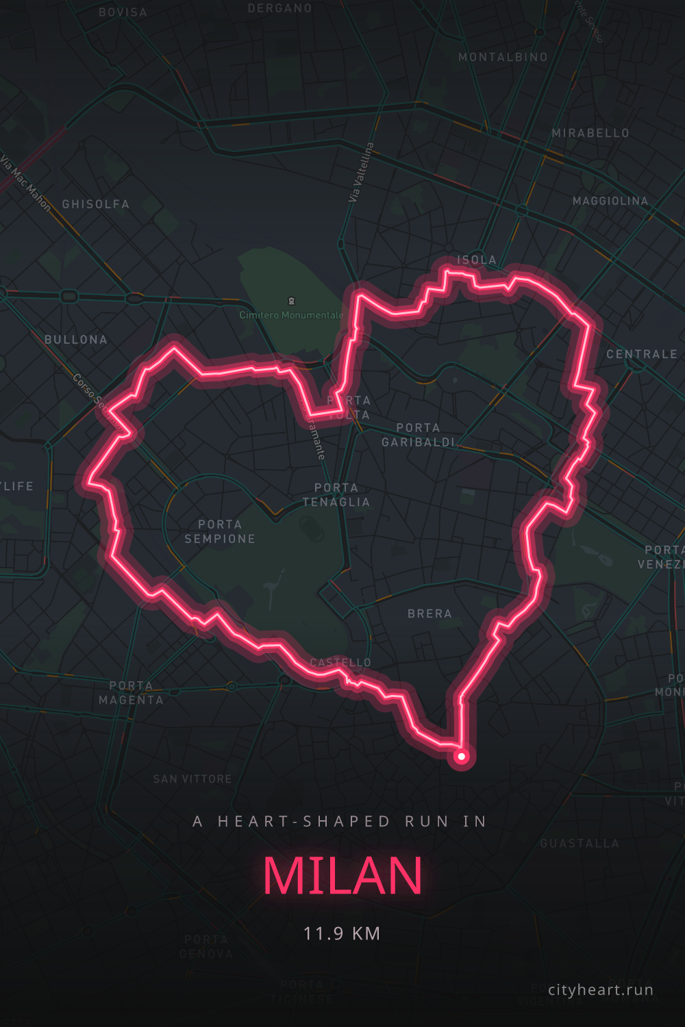 Heart-shaped running route in Milan, 11.9 km — GPS art for Strava