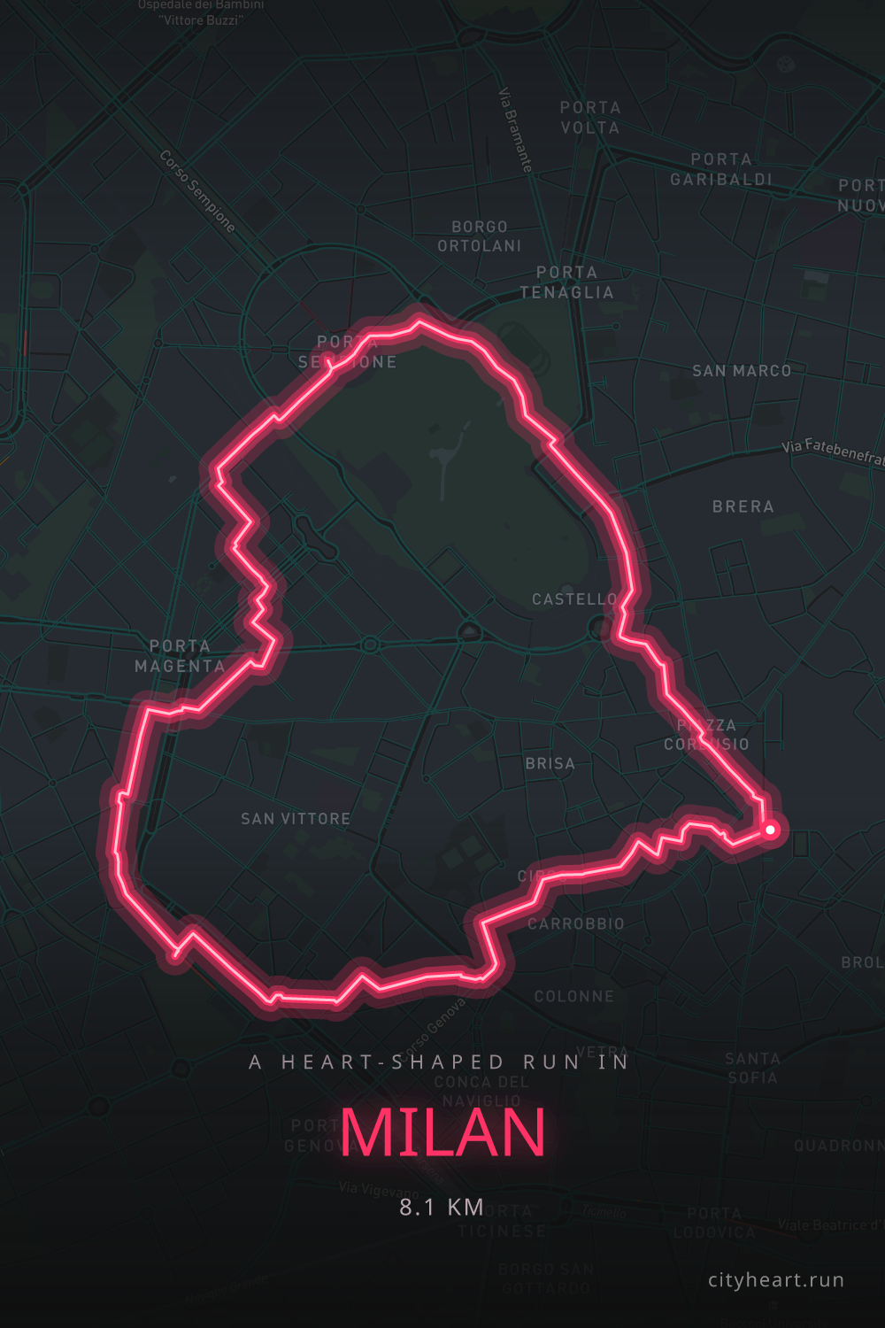 Heart-shaped running route in Milan, 8.6 km — GPS art for Strava