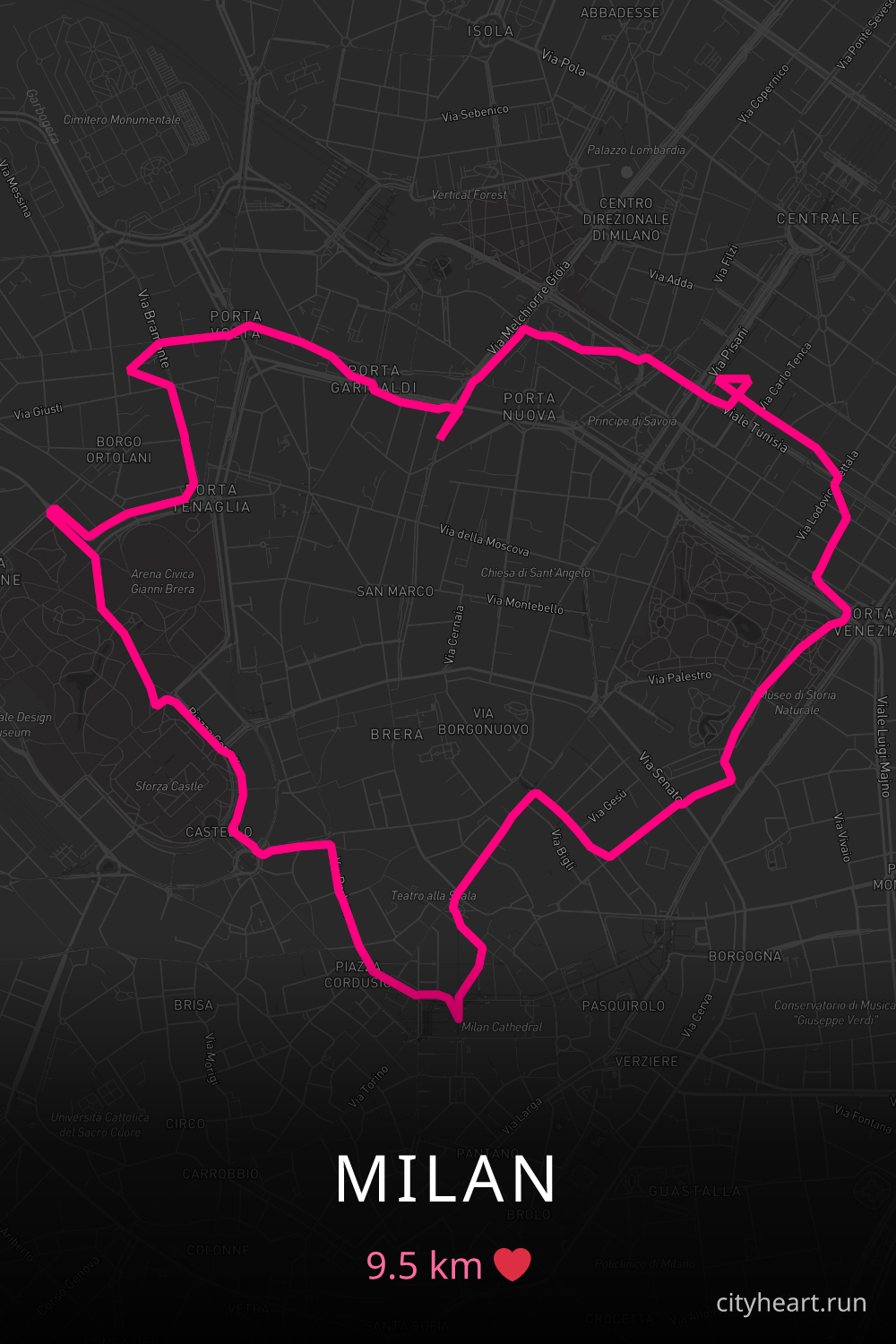 Heart-shaped running route in Milan, 9.5 km — GPS art for Strava