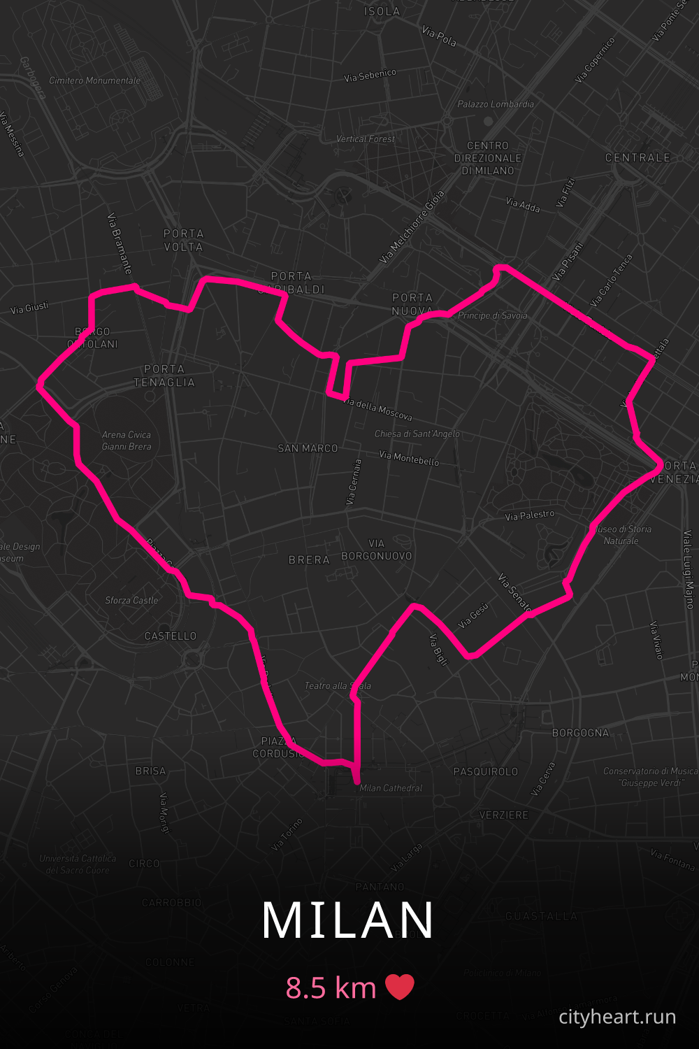 Heart-shaped running route in Milan, 8.5 km — GPS art for Strava